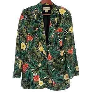 Vintage Liz Claiborne‎ Blazer Jacket Women Size 8 Green Orange Floral Tropical